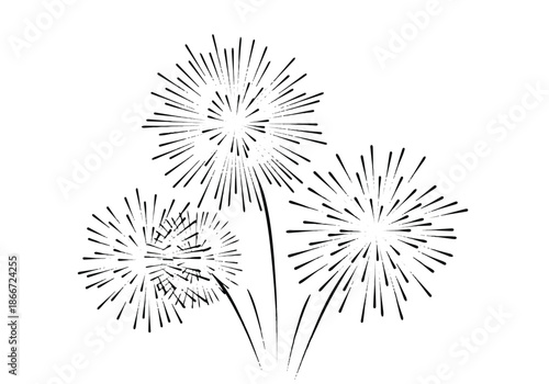 Minimalist white outline fireworks bursts exploding against a dark night sky