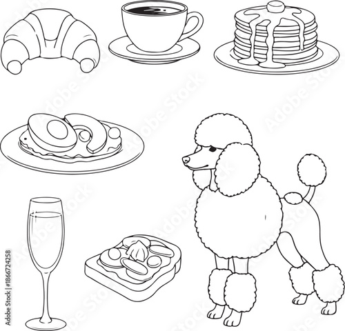 Line art vector of a brunch set including pancakes, coffee, a croissant, avocado toast, a mimosa, and a groomed poodle. A clean black and white illustration perfect for coloring.