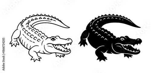 Alligator illustration icon, black and white, outline and silhouette style