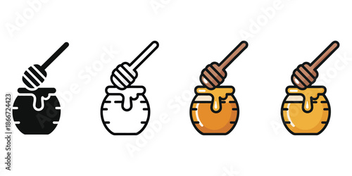 Honey Jar Dipper Same Pose Same Proportions Four Styles, Featuring Black Solid, Glyph, Outline, Minimal Flat, Multicolor Filled, and Cartoon Flat Shaded Vector Icons for Kitchen