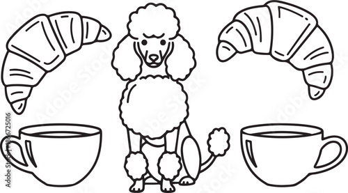A minimalist line art vector featuring a seated fluffy poodle framed by two croissants and two coffee cups. Clean, symmetrical design perfect for coloring or cafe branding.