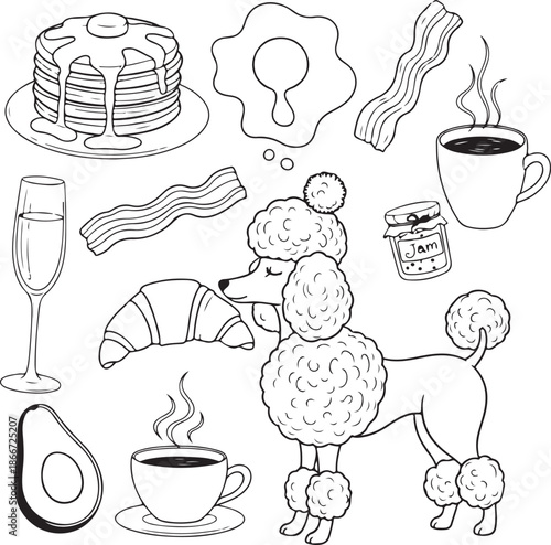A whimsical line art vector of a fluffy poodle surrounded by brunch favorites like pancakes, coffee, bacon, and a croissant. Ideal for coloring or café-themed designs.
