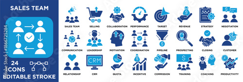 Sales team icon collection set. Containing selling, CRM, strategy, negotiation, revenue growth, targets, and customer management. dual tone vector