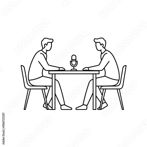 Podcast Interview Line Art Illustration - Two Men Talking at Table with Microphone Vector