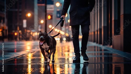 A person walking a dog on a leash in a city at night.
