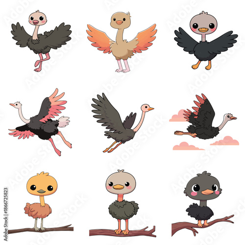 Set Icon of  ostrich kawaii style minimal flat