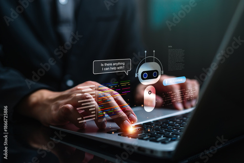 Human hand typing laptop with virtual AI assistant chatbot interface floating above keyboard, symbolizing artificial intelligence support, automation, real time digital communication for modern work.