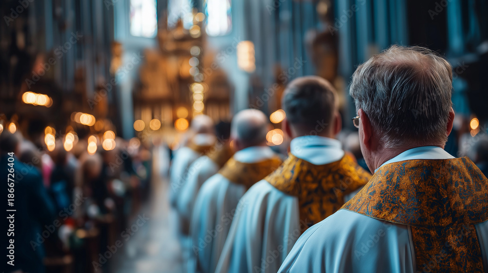 Fototapeta premium Defocused liturgy procession in grand church, blurred clergy members walking with processional cross to altar, congregation reverence, slow motion back view, ceremonial mass, with 