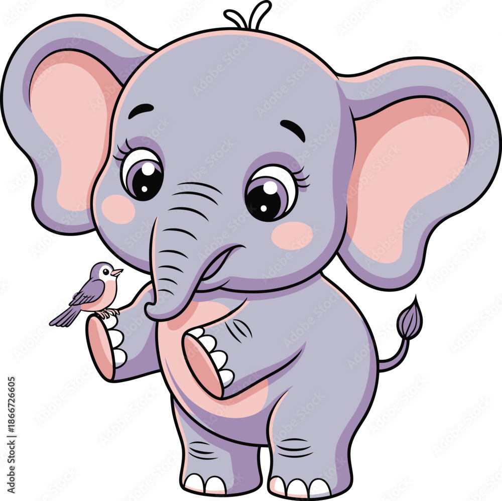Obraz premium Adorable Cartoon Elephant with Bird Vector Graphic Illustration for Kids Nursery Decor and Children's Books