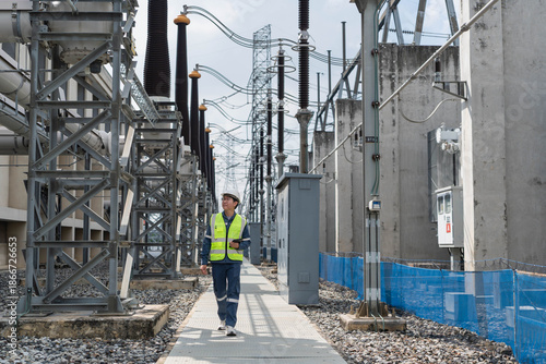 Electrical engineer walking through high voltage substation during routine inspection, checking equipment status with mobile device, supporting grid reliability, safety compliance