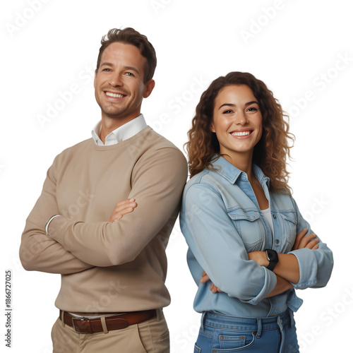 Confident young professionals with arms crossed exuding positivity and success in modern casual wear