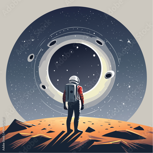 Astronaut gazes at cosmic anomaly on distant planet, a modern exploration scene, perfect for science and adventure storytelling, originally a scalable graphic