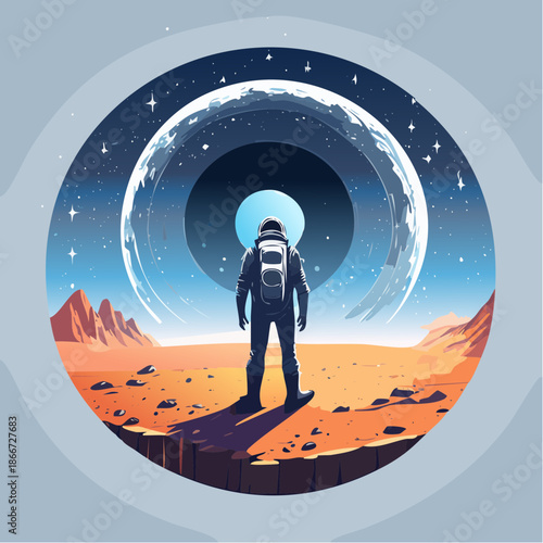 Astronaut standing on Mars gazing at Earth, a surreal scene of space exploration and the future of humanity, outer space exploration, and cosmic wonder