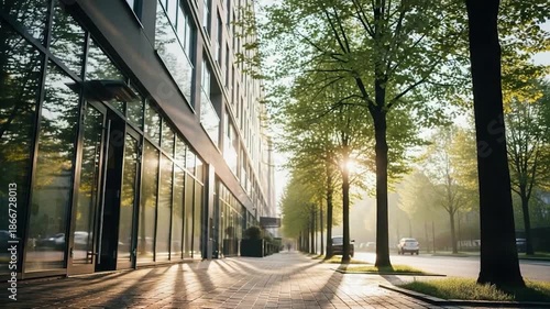 Businesswoman walking near modern building with sunlight and trees.