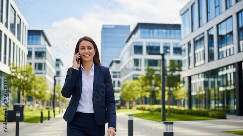Businesswoman walking and talking on the phone in the city center.