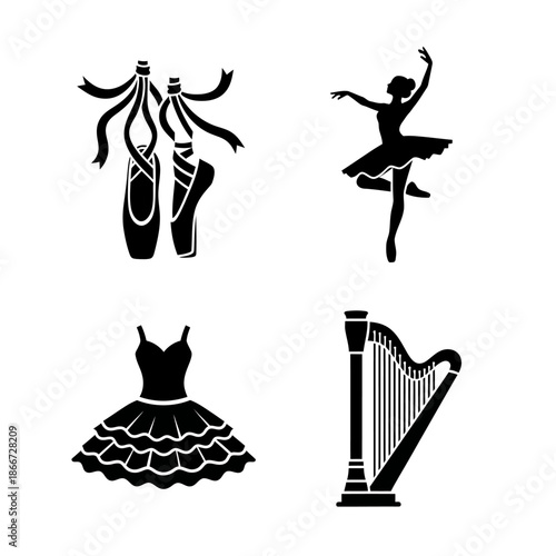 Ballet Icons - Pointe Shoes, Dancer, Tutu, and Harp.