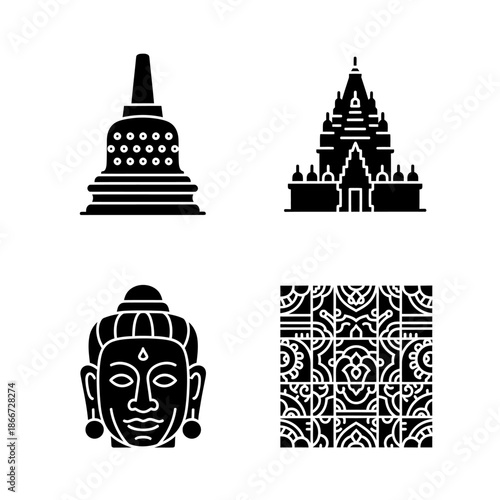Collection of Buddhist and Hindu architectural icons and symbols.