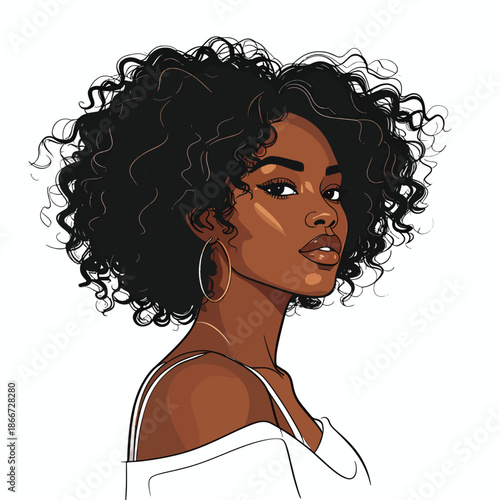 Vector portrait of a confident young African woman with natural curly hair, isolated on white.