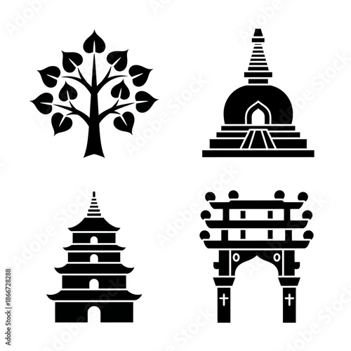 Collection of Buddhist Symbols and Architecture Icons.