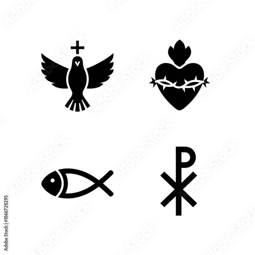 Collection of Christian religious symbols in black and white.