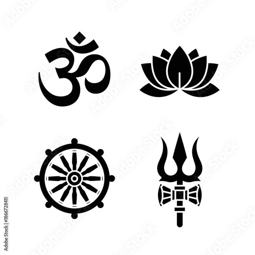 Collection of Four Sacred Religious Symbols in Black and White.