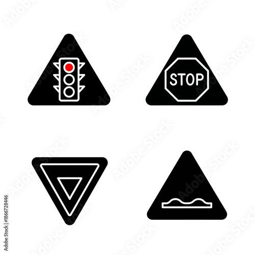 Collection of four traffic warning signs in black and white.