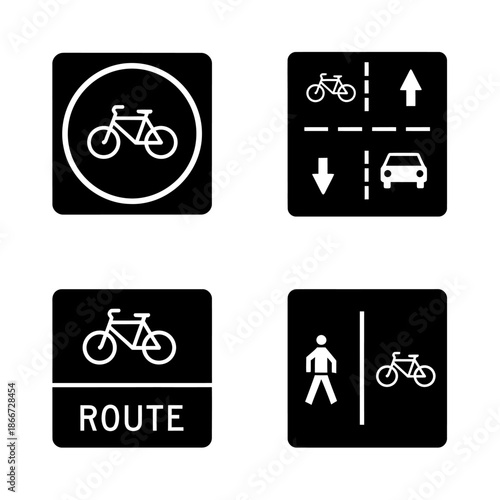 Collection of four traffic signs related to cycling and pedestrian routes.
