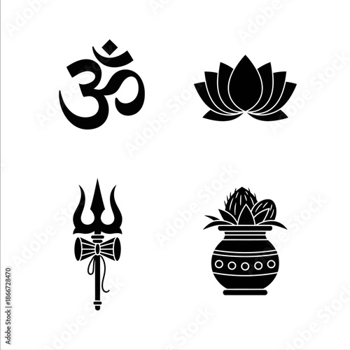 Collection of Hindu Religious Symbols Om Lotus Trident Kalash.
