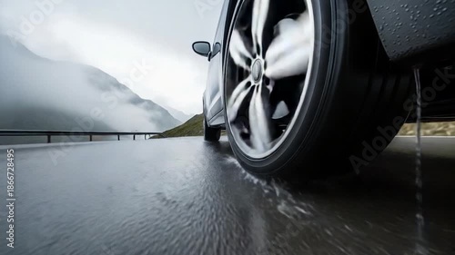 Car wheel driving on wet road with water splash in rainy weather.