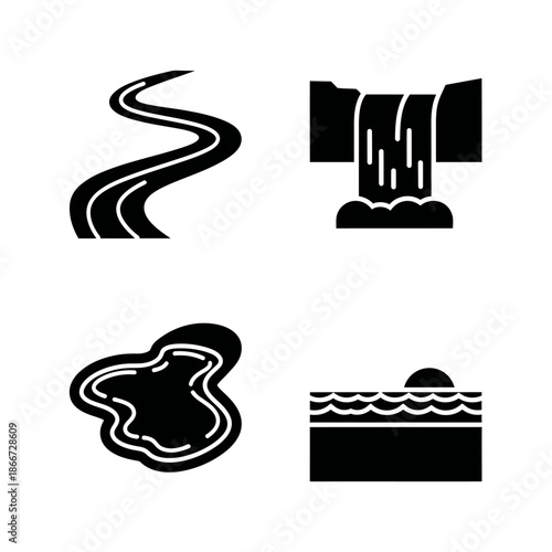 Collection of Water Body Icons River Waterfall Pond Ocean Sunset.