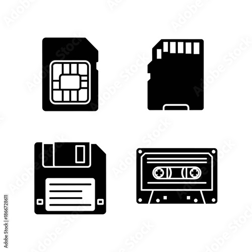 Collection of vintage and modern data storage devices icons.