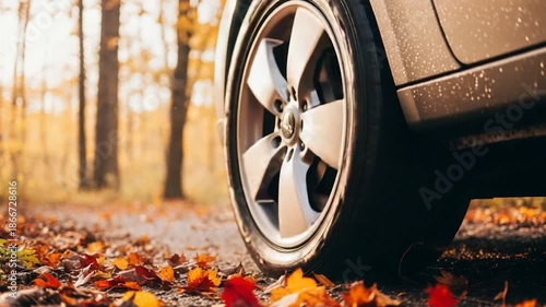 Car wheel on a road covered in autumn leaves.