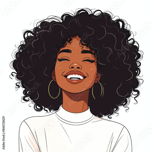 Happy young woman with voluminous curly hair smiling widely in a vibrant, cheerful illustration.