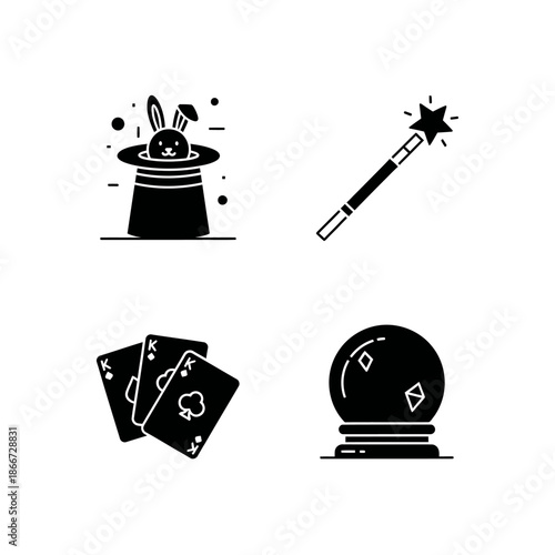 Magic Show Icons - Rabbit in Hat, Wand, Cards, Crystal Ball.