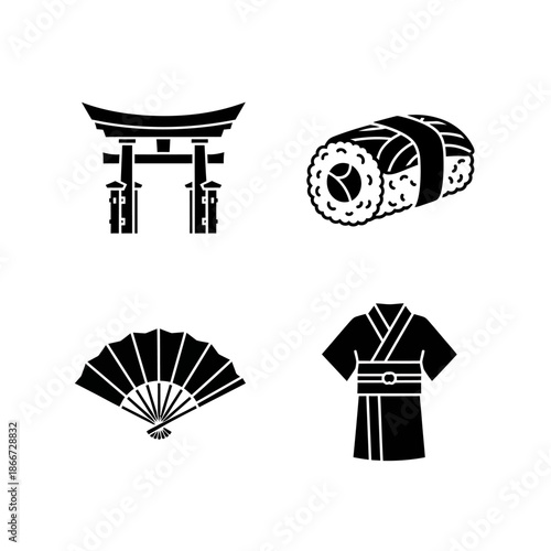 Japanese Cultural Icons - Torii Gate, Sushi, Fan, and Kimono.