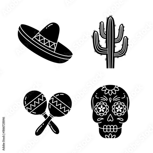 Mexican cultural icons set sombrero cactus maracas skull.