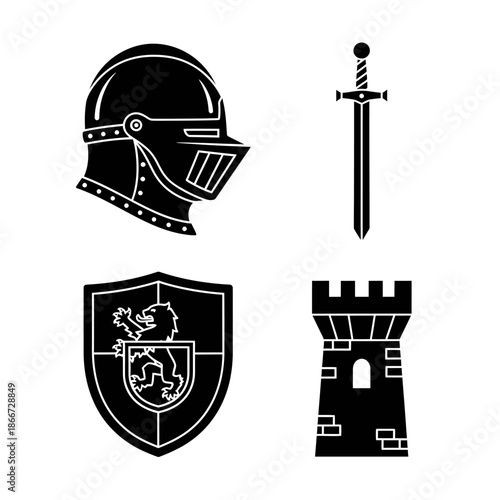 Medieval Knight Armor Shield Sword and Castle Tower Icons.