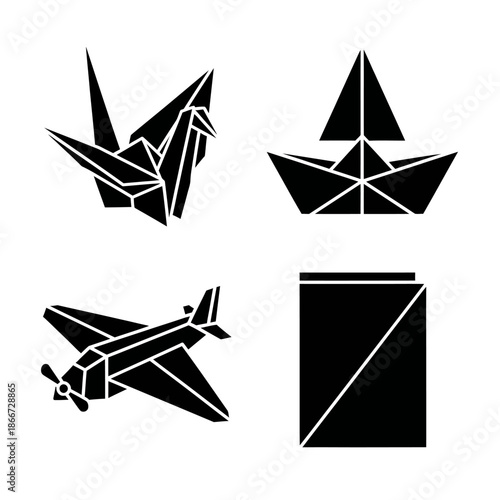 Origami Figures Collection Featuring Crane Airplane Boat and Paper.