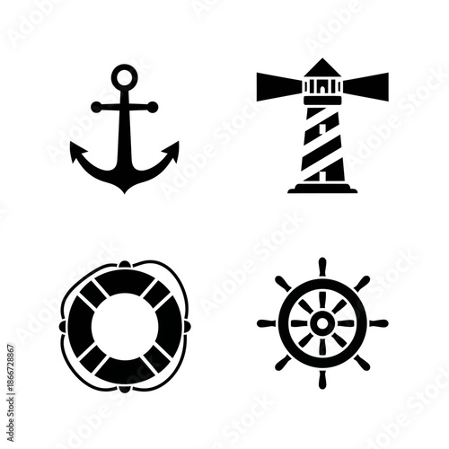 Nautical Icons Set Anchor Lighthouse Lifebuoy Ship Wheel.