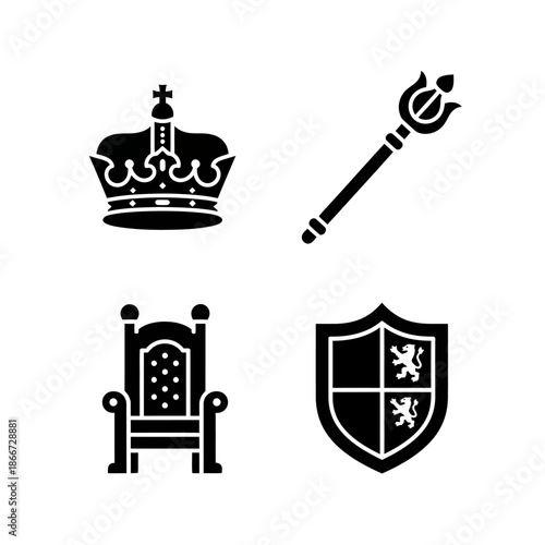 Royal Symbols Collection Featuring Crown Throne Scepter and Shield.