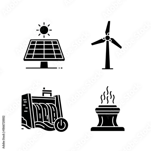 Renewable energy sources icons including solar wind hydro geothermal power.