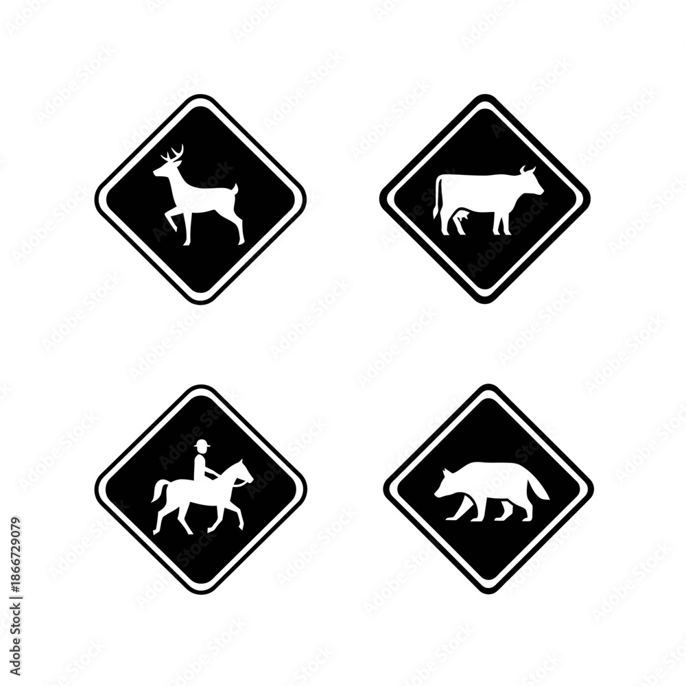 Obraz premium Set of four diamond-shaped warning signs with animal silhouettes.