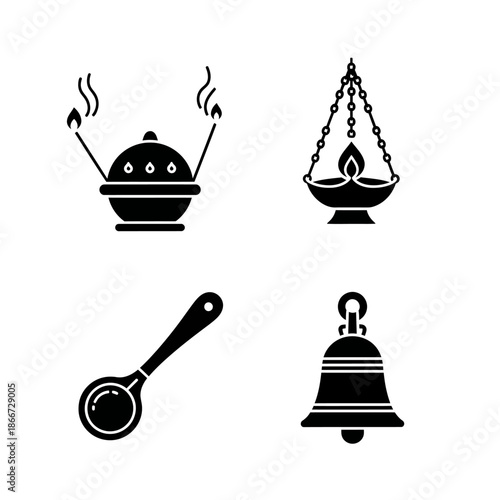 Set of Four Black Icons Representing Religious and Ritual Objects.