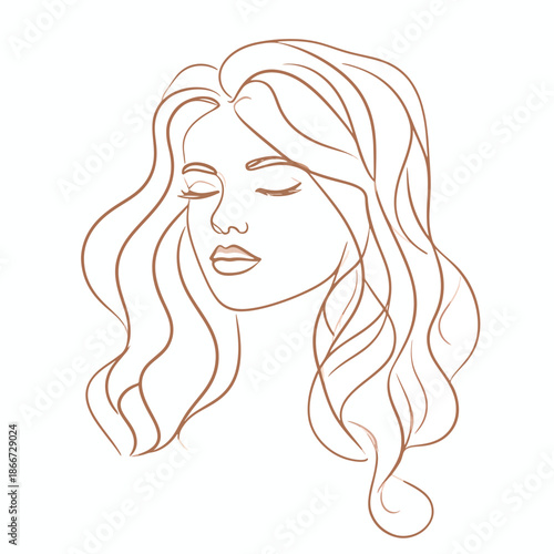 Elegant Line Art Illustration of a Woman's Head, Eyes Closed, with Flowing Wavy Hair