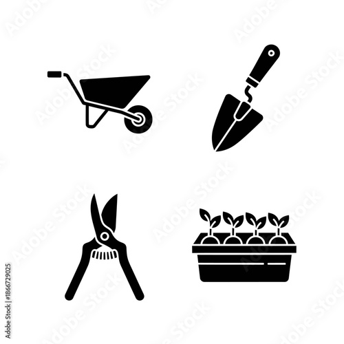 Set of four black silhouette icons representing gardening tools and plants.
