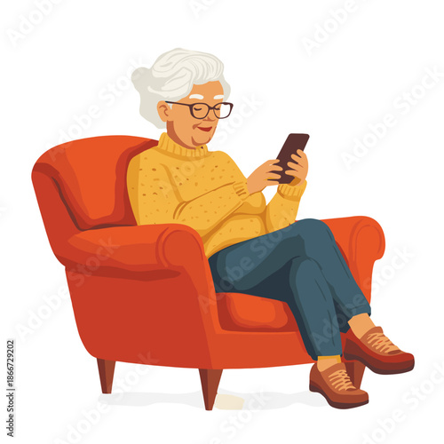Illustration of a senior woman using a smartphone. Technology in the daily life of older adults 