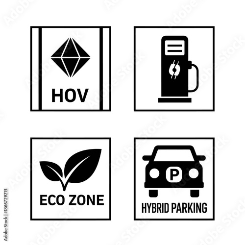 Set of four icons representing transportation and environmental zones.