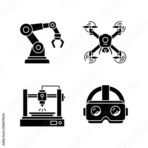 Set of four modern technology icons including robot arm 3D printer drone and VR headset.