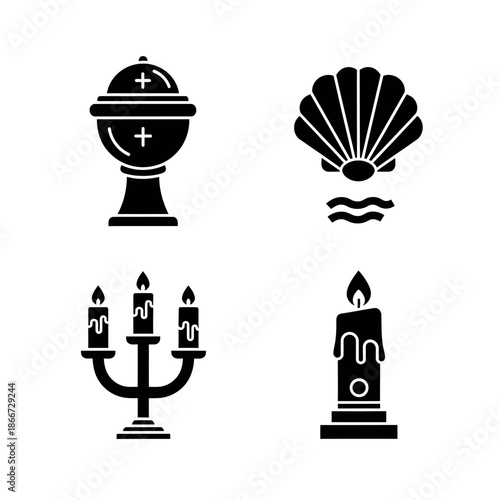 Set of four religious and symbolic icons in black silhouette.