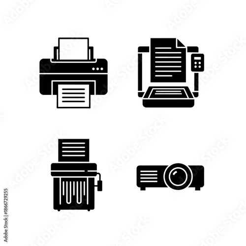 Set of four office equipment icons in silhouette.